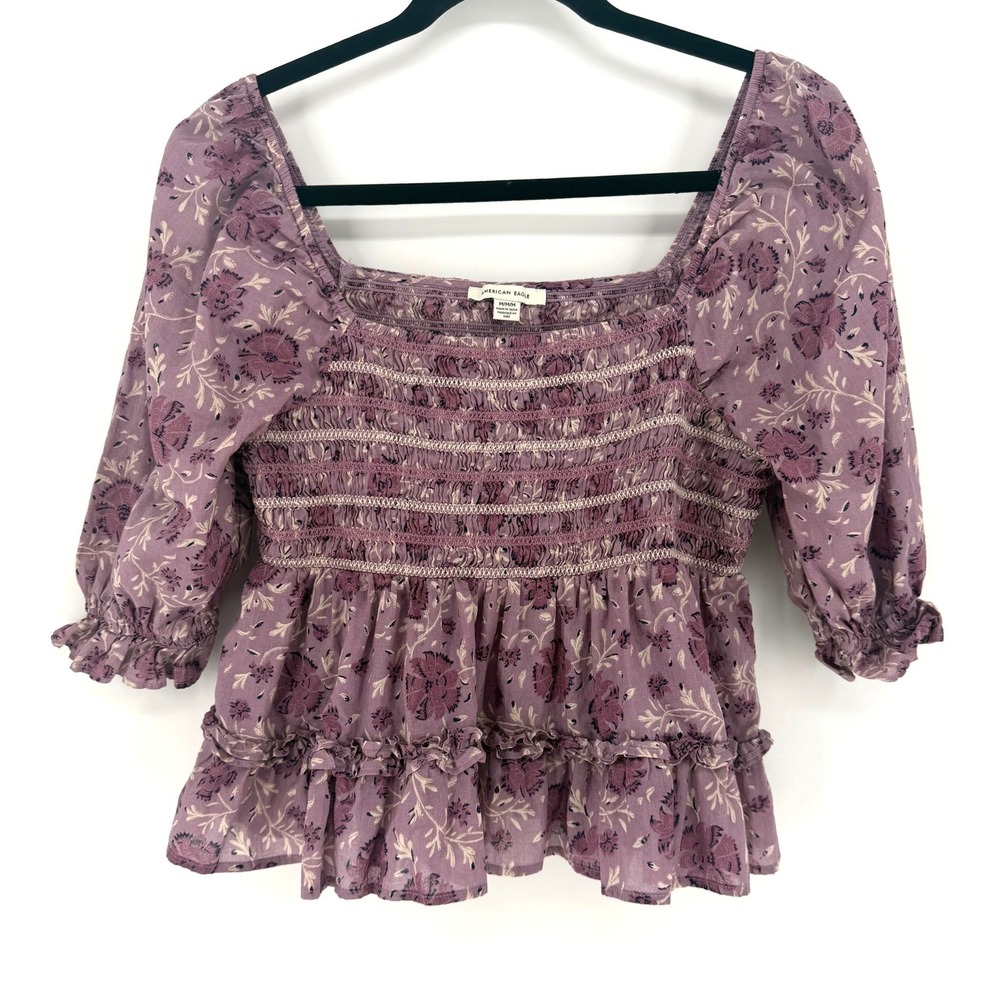 American Eagle Peplum Top Floral Smocked Medium Purple Boho Puff Sleeve Blouse
